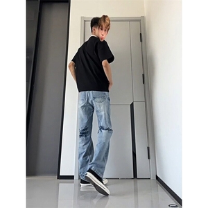 水洗蓝闪电裂纹牛仔裤男款cleanfit美式高街直筒微喇弯刀裤长裤子图片