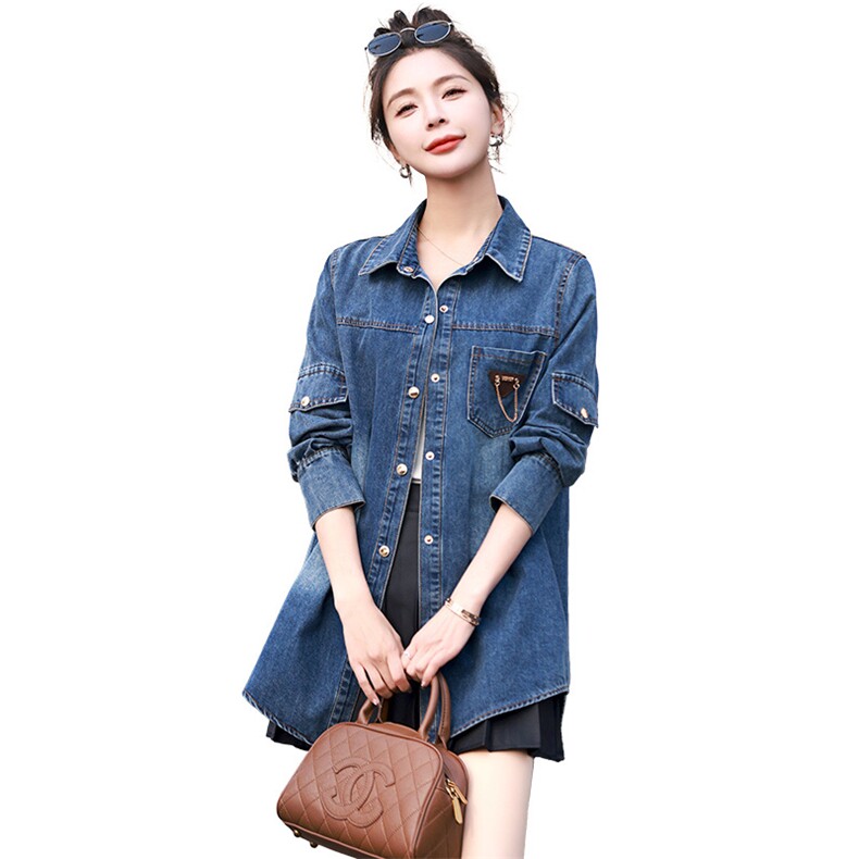 欧洲站牛仔衬衣女2024春秋新款休闲百搭小个子中长款长袖牛仔衫潮,女装衬衫,丽影随形