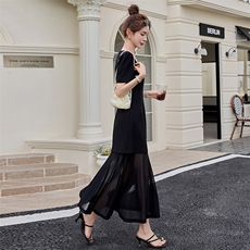 赫本风网纱拼接方领连衣裙女2025夏季新款小个子收腰显瘦减龄长裙，女装连衣裙，微微衣阁