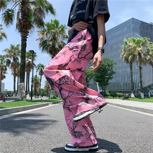 甜酷辣妹低腰抽绳口袋工装裤男女粉色宽松直筒休闲束脚拖地长裤图片