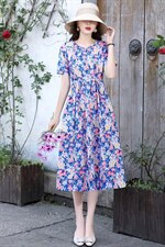 2021年夏季欣贝拉新款印花小碎花中长款棉麻连衣裙，女装连衣裙，欣贝拉