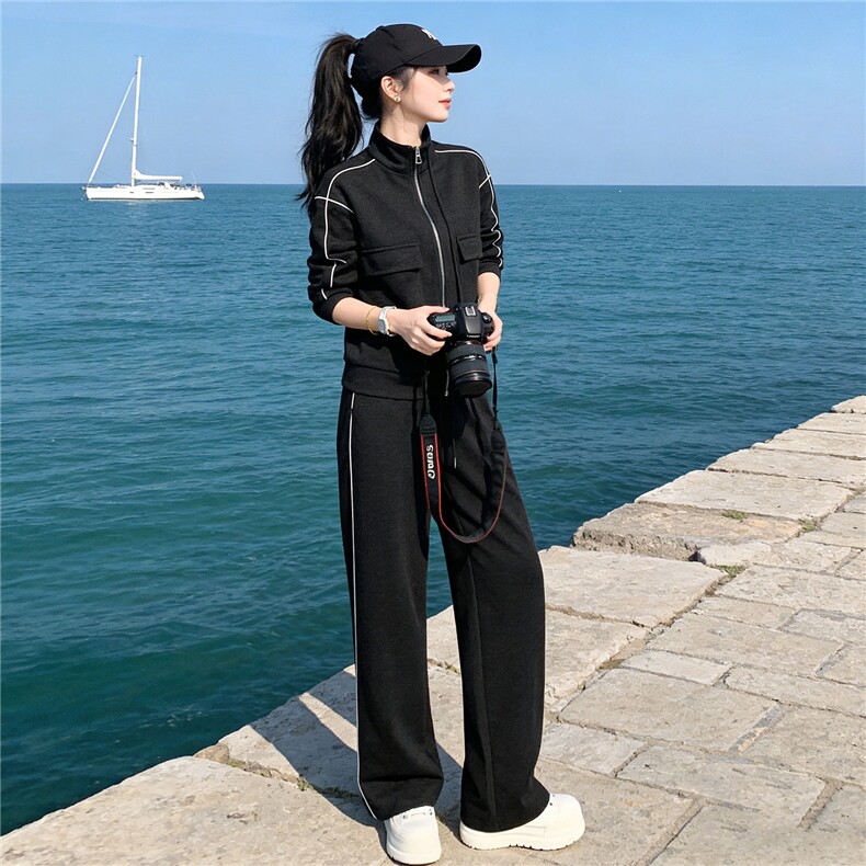 欧货时尚休闲运动套装秋季新款女双口袋立领卫衣直筒长裤两件套潮,女装套装/套裙,江南