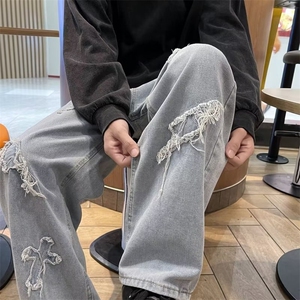 牛仔裤男春秋潮牌贴布直筒裤美式嘻哈街头阔腿长裤子 NK548图片