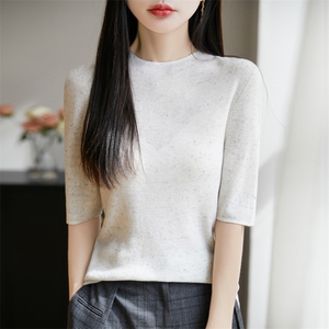 夏季薄款半高领针织短袖T恤打底衫女修身显瘦气质通勤毛衣内搭潮图片