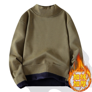 半高领毛衣男士加绒加厚纯色冬季一体绒保暖潮流针织打底衫图片
