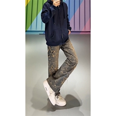 B221美式ins高街小众五角星提花直筒牛仔裤LK24378-特P58控98，男装牛仔裤，电商B221