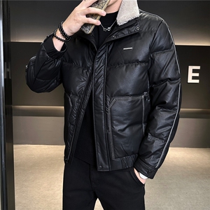 男士连帽修身可拆羊糕毛PU皮羽绒服【标50控活动价298】图片