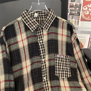 拼接长袖衬衫衬衣男美式街头嘻哈设计宽松上衣图片