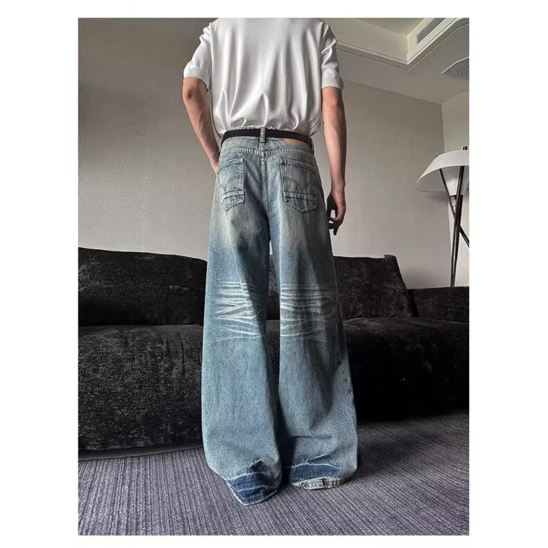 弯刀牛仔裤男美式复古拼接cleanfit裤子春秋款直筒宽松微喇阔腿裤,男装牛仔裤,星座506A