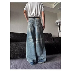 弯刀牛仔裤男美式复古拼接cleanfit裤子春秋款直筒宽松微喇阔腿裤，男装牛仔裤，星座506A
