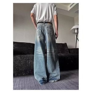 弯刀牛仔裤男美式复古拼接cleanfit裤子春秋款直筒宽松微喇阔腿裤图片