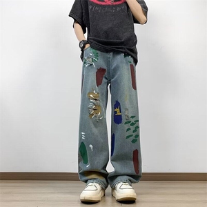 D6054-P58美式街头印花牛仔裤男潮牌风宽松百搭设计感拖地阔腿裤图片