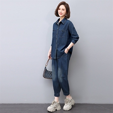时尚春季新款牛仔套装女宽松显瘦长袖衬衫阔腿裤两件套休闲百搭，女装套装/套裙，悦见她