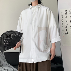 短袖衬衫男宽松七分袖上衣ins港风痞帅衬衣韩版潮流夏季薄款外套图片