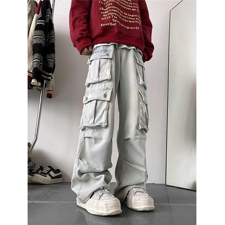 Cleanfit美式复古多口袋宽松直筒男女牛仔裤3 XZ502-K707-P65控88图片