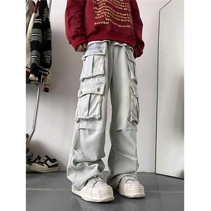Cleanfit美式复古多口袋宽松直筒男女牛仔裤3 XZ502-K707-P65控88图片