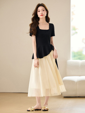 法式气质方领假连衣裙女夏2025新款设计感不规则绝美网纱裙，女装连衣裙，央宝儿