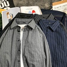 男士秋季衬衫长袖休闲韩版潮流宽松条纹衬衣外套DF07T，男装衬衫，电商A102