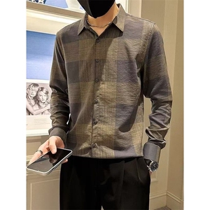 网络图 春秋格子衬衫男士长袖图片