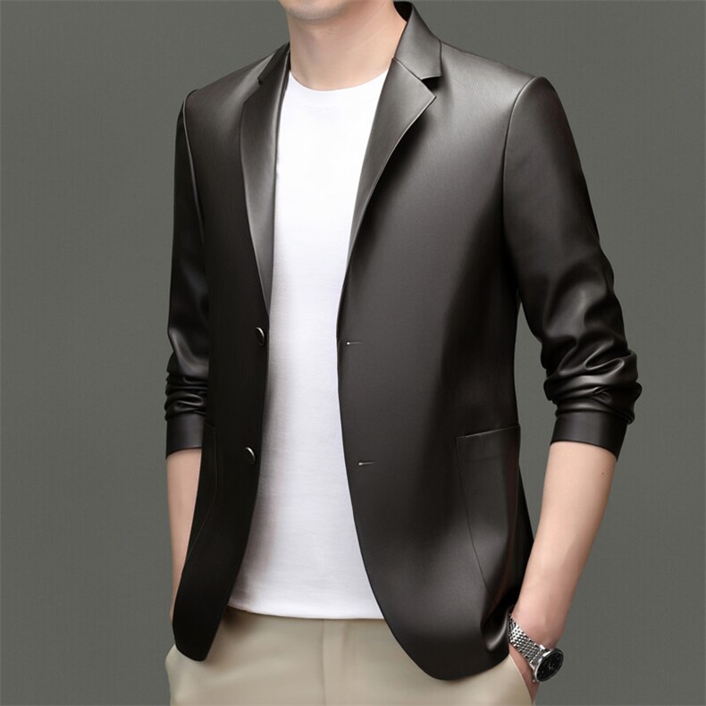 R-XF1016男式春秋新款长袖简约PU皮西服休闲商务便服西装图片