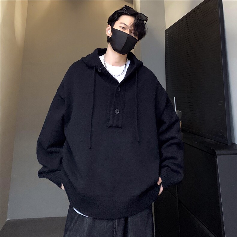 冬季半开衫纽扣连帽毛衣针织衫男女慵懒风情侣潮牌宽松毛衣p68图片