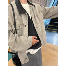 撞色翻领pu拼接洗水浅灰磨破牛仔夹克秋季复古休闲外套JK8967，男装夹克，星座1116A（原606A-3）