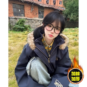 现货高品质美式高街重磅刺绣座山雕大毛毛领棉衣男女加厚棉服外套图片