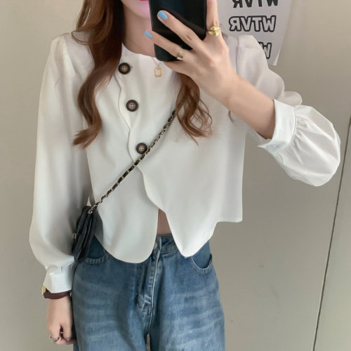 价秋季新款小众设计感不规整短款长袖衬衣,女装衬衫,潮品会