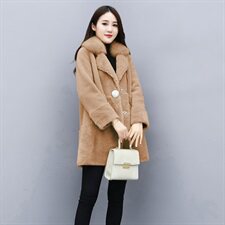 外套女中长款2021秋冬季新款颗粒带狐狸毛时尚大牌鹿皮绒全毛大衣，女装毛呢外套，媚琳依坊