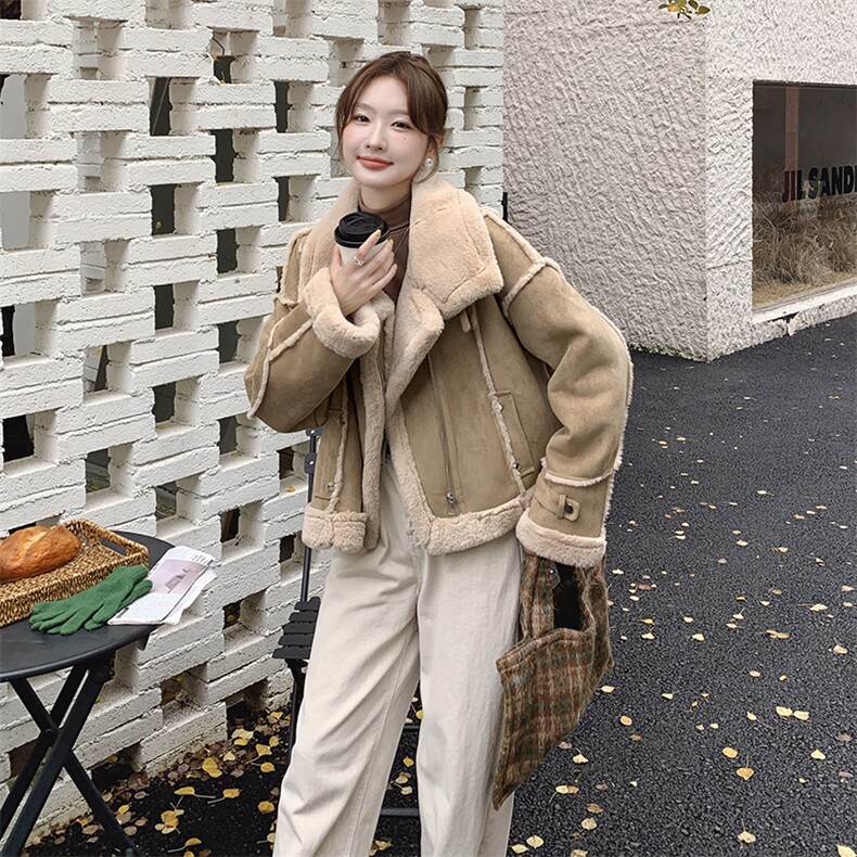 【新款现货】皮毛一体麂皮短款保暖机车服外套99033款P195K278,女装短外套,2C316
