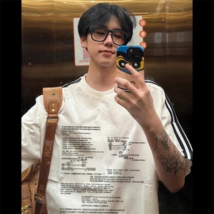 夏季美式高街重磅纯棉三条杠织带撞色男女短袖T恤STG236特P25图片