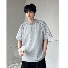 现货美式撞色辑明线亨利领短袖T恤男女夏季2026宽松情侣T恤，男装T恤，电商C307