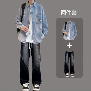 春秋季水洗牛仔衬衫男青少年潮牌长袖夹克初高中学生帅气翻领外套图片