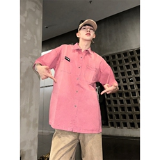 美式水洗复古牛仔短袖衬衫男女潮牌学院风宽松情侣衬衣CS155-p52，男装衬衫，星座1008