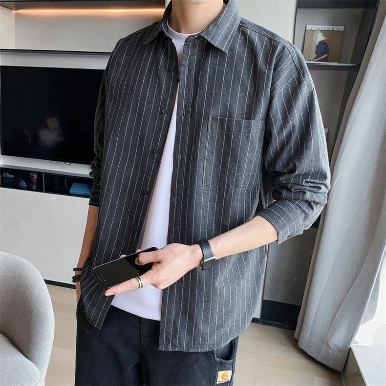 衬衣男2021春秋新款长袖休闲宽松条纹男士衬衫外套DF07T,男装衬衫,电商A102