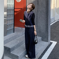 韩系复古牛仔套装女2025秋新款休闲百搭显瘦刺绣马甲阔腿裤两件套，女装套装/套裙，2C028