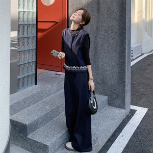 韩系复古牛仔套装女2025秋新款休闲百搭显瘦刺绣马甲阔腿裤两件套图片