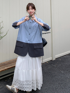 蓝色条纹西装拼接衬衫外套2025新款女春秋小众设计感韩系气质上衣图片