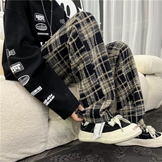 毛呢加绒格子裤男女秋冬高腰经典休闲直筒裤显瘦窄版阔腿裤KB475，男装休闲裤，星座1116A-1（原606A）