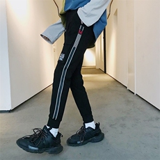 2021社会小伙弹力修身小脚裤织带黑色休闲长裤子男864/P50，男装休闲裤，星座1506-1
