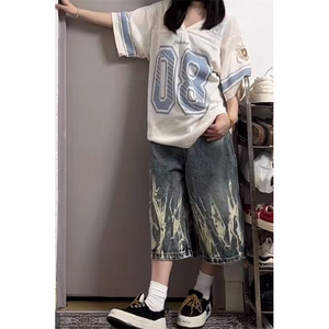 大码美式复古闪电爆裂纹牛仔七分裤夏季新款高腰宽松阔腿中裤子图片