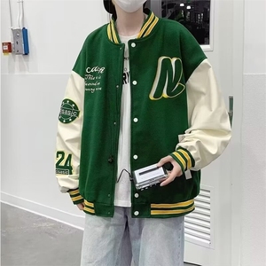 夹克棒球领上衣外套毛呢拼皮 黑绿咖啡 M-3XL J686图片