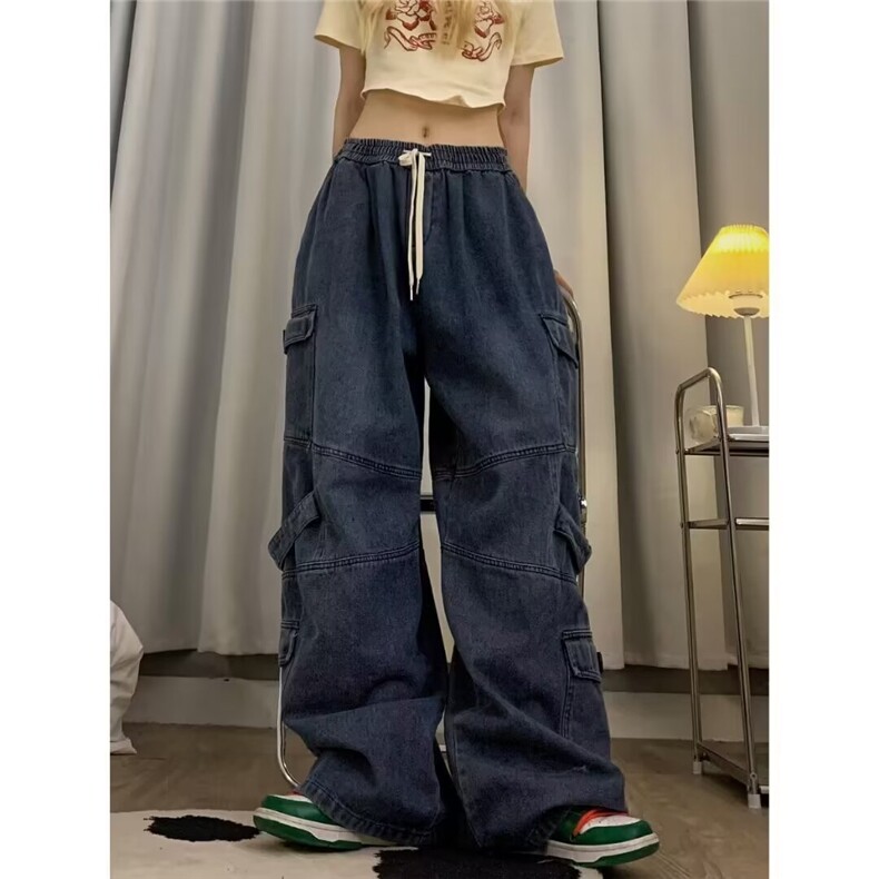 酷拽少女潮美式复古牛仔裤直筒宽松阔腿裤街舞嘻哈工装蓝色长,男装牛仔裤,星座506A