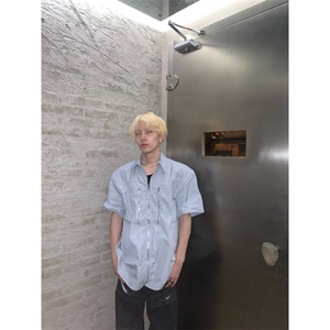浅蓝色垫肩拉链短袖衬衫男款夏季衬衣cleanfit外套3375-特P38图片