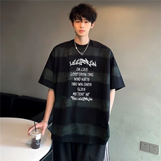 圆领美式复古青少年潮牌短袖时尚T恤条纹印花宽松重磅T258-P28，男装T恤，电商C307