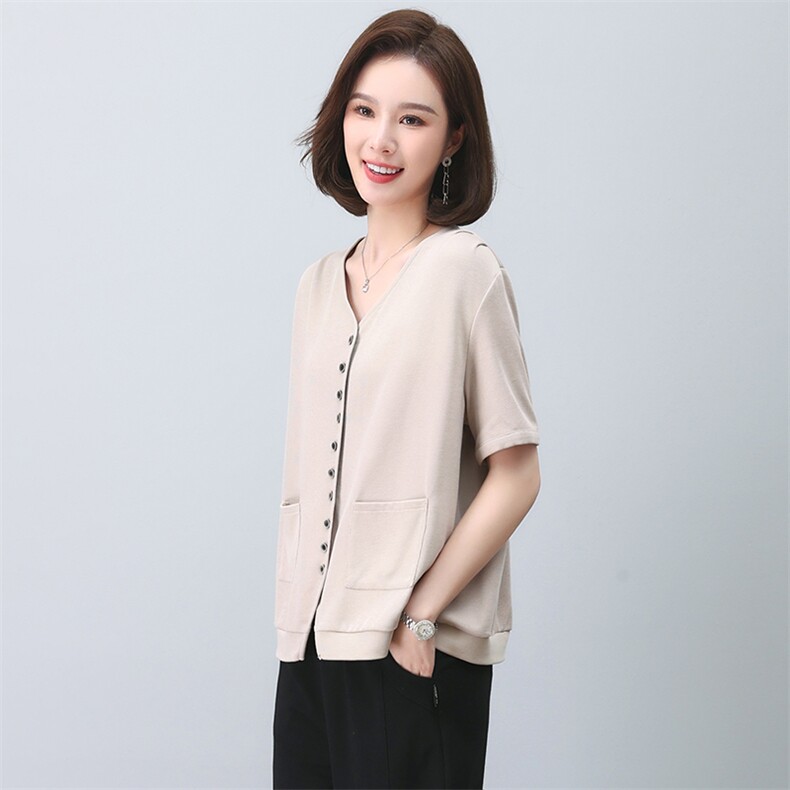 短袖衬衫女夏2023新款时尚气质V领衬衣年轻妈妈宽松洋气休闲上衣,女装衬衫,忆绮罗