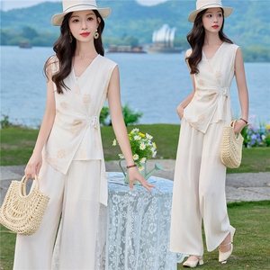 （新款现货）2026夏装时尚刺绣不对称上衣+阔腿裤棉麻套装两件套，女装套装/套裙，印象茜