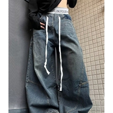 春秋款高腰阔腿拖地长裤女显瘦百搭松紧腰抽绳牛仔裤NZ7025，男装牛仔裤，星座1116A（原606A-3）