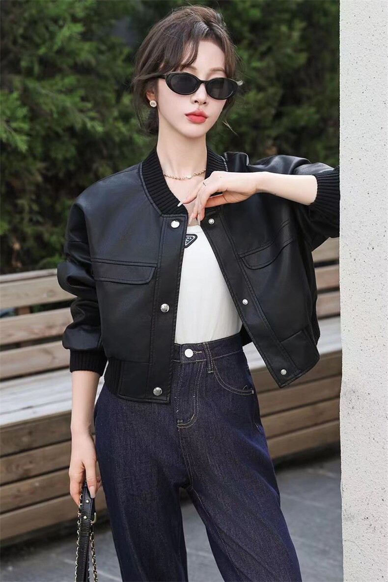 2024新款海宁皮衣女短款棒球服仿真绵羊皮夹克蝙蝠宽松拼接外套,女装皮衣,江南女神