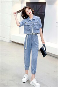 2022夏季新款简约气质减龄翻领个性复古牛仔两件套图片